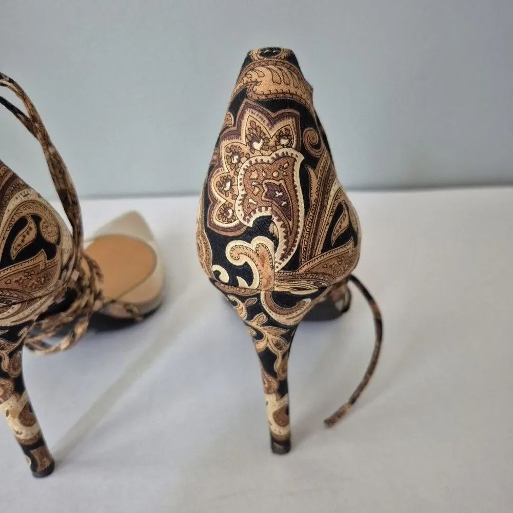 Jessica Simpson Brown Black Paisley Hemmie Wrap Around Calf High Heels Womens 6M